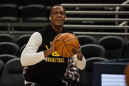 Nov 24, 2021; Indianapolis, Indiana, USA; Los Angeles Lakers guard Rajon Rondo (4) warms up before the game against the Indiana Pacers at Gainbridge Fieldhouse. Mandatory Credit: Trevor Ruszkowski-USA TODAY Sports