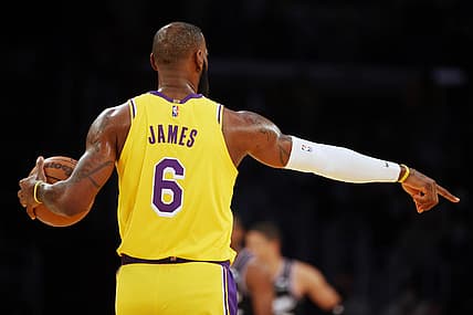 Nov 26, 2021; Los Angeles, California, USA; Los Angeles Lakers forward LeBron James (6) dribbles a ball during the first half against the Sacramento Kings at Staples Center. The Kings wins 141-137 in the triple-overtime. Mandatory Credit: Kiyoshi Mio-USA TODAY Sports