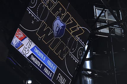 Dec 2, 2021; Memphis, Tennessee, USA; A view of the scoreboard after the Memphis Grizzlies defeated the Oklahoma City Thunder  at FedExForum. Mandatory Credit: Justin Ford-USA TODAY Sports