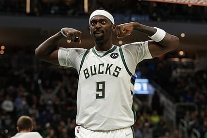 Dec 4, 2021; Milwaukee, Wisconsin, USA;  Milwaukee Bucks forward Bobby Portis (9) reacts after being fouled against the Miami Heat during the third quarter at Fiserv Forum. Mandatory Credit: Jeff Hanisch-USA TODAY Sports