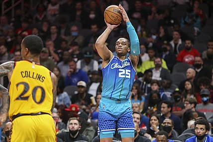 Dec 5, 2021; Atlanta, Georgia, USA; Charlotte Hornets forward P.J. Washington (25) shoots against the Atlanta Hawks in the second quarter at State Farm Arena. Mandatory Credit: Brett Davis-USA TODAY Sports
