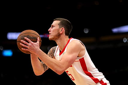 Dec 5, 2021; Houston, Texas, USA; Houston Rockets guard Garrison Mathews (25) takes a three-point shot against the New Orleans Pelicans during the fourth quarter at Toyota Center. Mandatory Credit: Erik Williams-USA TODAY Sports