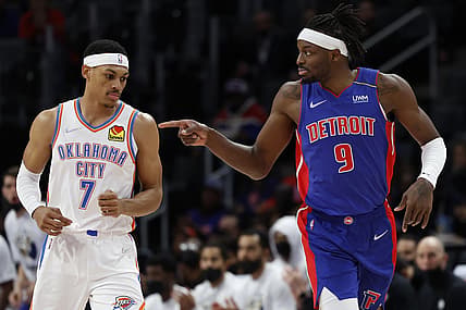 Dec 6, 2021; Detroit, Michigan, USA;  Detroit Pistons forward Jerami Grant (9) celebrates in the first half against the Oklahoma City Thunder at Little Caesars Arena. Mandatory Credit: Rick Osentoski-USA TODAY Sports