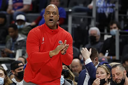 Dec 8, 2021; Detroit, Michigan, USA;  Washington Wizards Wes Unseld Jr. watches game action during the first half against the Detroit Pistons at Little Caesars Arena. Mandatory Credit: Rick Osentoski-USA TODAY Sports