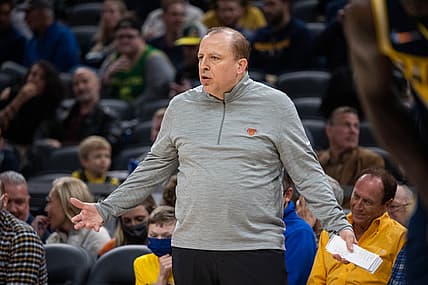 Dec 8, 2021; Indianapolis, Indiana, USA; New York Knicks head coach Tom Thibodeau in the second half against the Indiana Pacers at Gainbridge Fieldhouse. Mandatory Credit: Trevor Ruszkowski-USA TODAY Sports