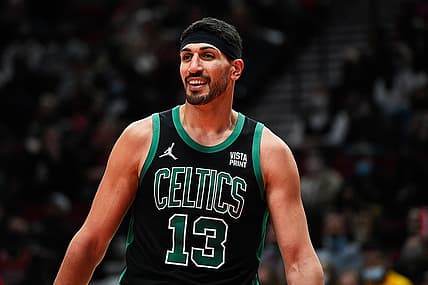 Dec 4, 2021; Portland, Oregon, USA; Boston Celtics center Enes Freedom (13) during a game against the Portland Trail Blazers at Moda Center. The Celtics won 145-117. Mandatory Credit: Troy Wayrynen-USA TODAY Sports