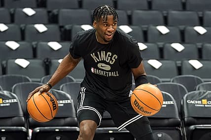 Dec 4, 2021; Sacramento, California, USA; Sacramento Kings guard Terence Davis (3) warms up before the game against the LA Clippers at Golden 1 Center. Mandatory Credit: Darren Yamashita-USA TODAY Sports