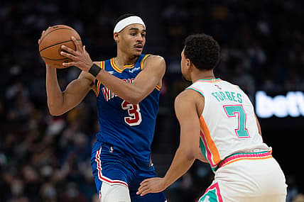 Dec 4, 2021; San Francisco, California, USA;  Golden State Warriors guard Jordan Poole (3) and San Antonio Spurs guard Bryn Forbes (7) during the third quarter at Chase Center. Mandatory Credit: Stan Szeto-USA TODAY Sports