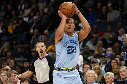 Dec 9, 2021; Memphis, Tennessee, USA; Memphis Grizzles guard Desmond Bane (22) attempts a three-point shot during the second half against the Los Angeles Lakers at FedExForum. Mandatory Credit: Petre Thomas-USA TODAY Sports