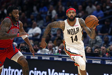 Dec 10, 2021; New Orleans, Louisiana, USA; New Orleans Pelicans forward Brandon Ingram (14) is defended by Detroit Pistons forward Saddiq Bey (41) in the second half at the Smoothie King Center. Mandatory Credit: Chuck Cook-USA TODAY Sports