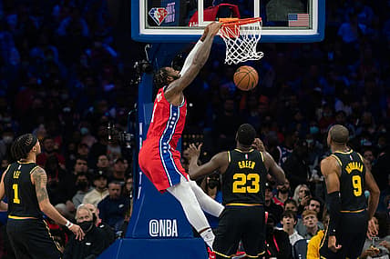 Dec 11, 2021; Philadelphia, Pennsylvania, USA; Philadelphia 76ers center Andre Drummond (1) dunks the ball against the Golden State Warriors during the second quarter at Wells Fargo Center. Mandatory Credit: Bill Streicher-USA TODAY Sports