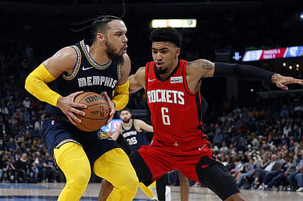 Dec 11, 2021; Memphis, Tennessee, USA; Memphis Grizzles guard Dillon Brooks (24) drives to the basket as Houston Rockets forward Kenyon Martin Jr. (6) defends during the second half at FedExForum. Mandatory Credit: Petre Thomas-USA TODAY Sports