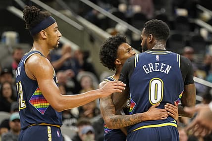 Dec 11, 2021; San Antonio, Texas, USA; Denver Nuggets guard Bones Hyland (3) and forward Zeke Nnaji (22) restrain forward JaMyhcal Green (0) after a techinical foul was called during the first half against the San Antonio Spurs at AT&T Center. Mandatory Credit: Scott Wachter-USA TODAY Sports