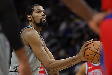 Dec 12, 2021; Detroit, Michigan, USA; Brooklyn Nets forward Kevin Durant (7) takes a free throw in the first half against the Detroit Pistons at Little Caesars Arena. Mandatory Credit: Rick Osentoski-USA TODAY Sports