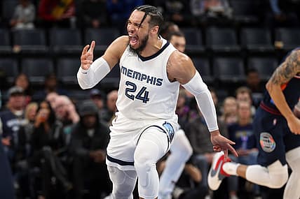 Dec 13, 2021; Memphis, Tennessee, USA; Memphis Grizzles guard Dillon Brooks (24) reacts during the first half against the Philadelphia 76ers at FedExForum. Mandatory Credit: Petre Thomas-USA TODAY Sports