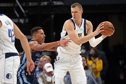 Dec 8, 2021; Memphis, Tennessee, USA; Dallas Mavericks center Kristaps Porzingis (6) and Memphis Grizzles guard Desmond Bane (22) during the second half at FedExForum. Mandatory Credit: Petre Thomas-USA TODAY Sports