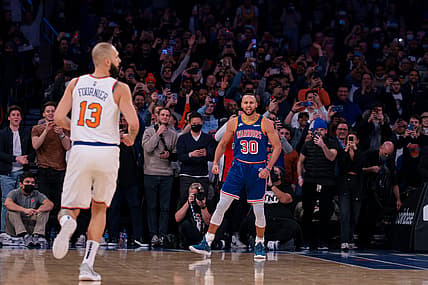Dec 14, 2021; New York, New York, USA; Golden State Warriors guard Stephen Curry (30) reacts after a three point basket breaking the career record for total three pointers made during the during the first quarter against the New York Knicks at Madison Square Garden. Mandatory Credit: Vincent Carchietta-USA TODAY Sports