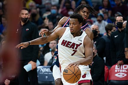 Dec 15, 2021; Philadelphia, Pennsylvania, USA; Miami Heat guard Kyle Lowry (7) dribbles past Philadelphia 76ers guard Tyrese Maxey (0) during the second quarter at Wells Fargo Center. Mandatory Credit: Bill Streicher-USA TODAY Sports