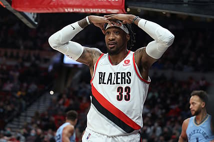 Dec 15, 2021; Portland, Oregon, USA;  Portland Trail Blazers forward Robert Covington (33) reacts after being called for a foul against the Memphis Grizzlies in the second half at Moda Center. Mandatory Credit: Jaime Valdez-USA TODAY Sports