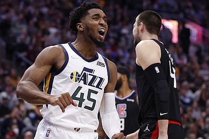 Dec 15, 2021; Salt Lake City, Utah, USA; Utah Jazz guard Donovan Mitchell (45) reacts in after a basket in the second quarter against the LA Clippers at Vivint Arena. Mandatory Credit: Jeffrey Swinger-USA TODAY Sports