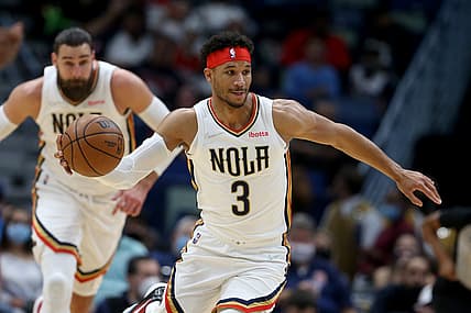 Dec 17, 2021; New Orleans, Louisiana, USA; New Orleans Pelicans guard Josh Hart (3) passes against the Milwaukee Bucks in the first quarter at the Smoothie King Center. Mandatory Credit: Chuck Cook-USA TODAY Sports