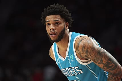 Dec 17, 2021; Portland, Oregon, USA; Charlotte Hornets forward Miles Bridges (0) waits for an inbound pass during the second half against the Portland Trail Blazers at Moda Center. The Portland Trail Blazers won the game 125-116. Mandatory Credit: Troy Wayrynen-USA TODAY Sports