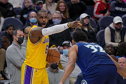 Dec 17, 2021; Minneapolis, Minnesota, USA; Los Angeles Lakers forward LeBron James (6) talks to a teammate against the Minnesota Timberwolves in the second quarter at Target Center. Mandatory Credit: Brad Rempel-USA TODAY Sports