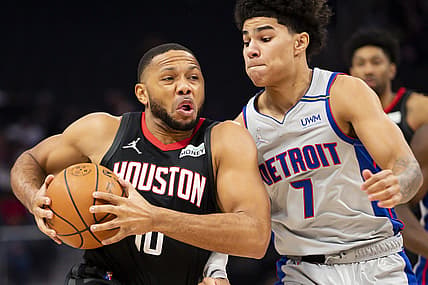 Dec 18, 2021; Detroit, Michigan, USA; Houston Rockets guard Eric Gordon (10) drives to the basket against Detroit Pistons guard Killian Hayes (7) during the first quarter at Little Caesars Arena. Mandatory Credit: Raj Mehta-USA TODAY Sports