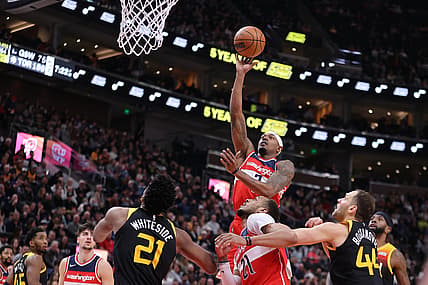 Dec 18, 2021; Salt Lake City, Utah, USA; Washington Wizards guard Bradley Beal (3) shoots the ball in the first quarter against the Utah Jazz at Vivint Arena. Mandatory Credit: Rob Gray-USA TODAY Sports
