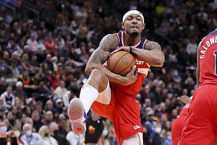 Dec 18, 2021; Salt Lake City, Utah, USA; Washington Wizards guard Bradley Beal (3) secures a rebound in the fourth quarter against the Utah Jazz at Vivint Arena. Mandatory Credit: Rob Gray-USA TODAY Sports
