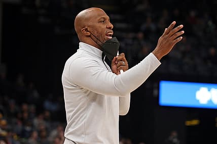Dec 19, 2021; Memphis, Tennessee, USA; Portland Trail Blazers head coach Chauncey Billups reacts during the first half against the Memphis Grizzles at FedExForum. Mandatory Credit: Petre Thomas-USA TODAY Sports