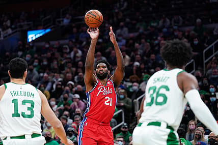 Dec 20, 2021; Boston, Massachusetts, USA; Philadelphia 76ers center Joel Embiid (21) shoots against the Boston Celtics in the first quarter at TD Garden. Mandatory Credit: David Butler II-USA TODAY Sports