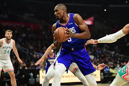 Dec 20, 2021; Los Angeles, California, USA; Los Angeles Clippers center Serge Ibaka (9) moves to the basket against the San Antonio Spurs during the first half at Staples Center. Mandatory Credit: Gary A. Vasquez-USA TODAY Sports