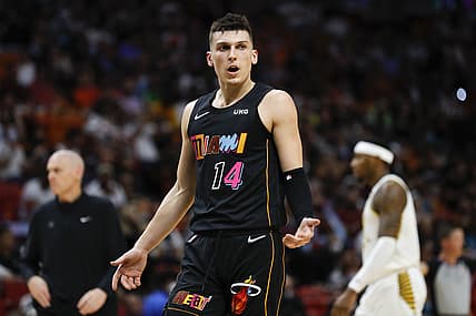 Dec 21, 2021; Miami, Florida, USA; Miami Heat guard Tyler Herro (14) reacts toward a game official during the first half  of the game against the Indiana Pacers at FTX Arena. Mandatory Credit: Sam Navarro-USA TODAY Sports