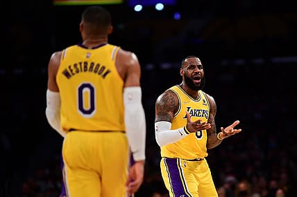Dec 21, 2021; Los Angeles, California, USA; Los Angeles Lakers forward LeBron James (6) reacts after being called for offensive foul against the Phoenix Suns during the first half at Staples Center. Mandatory Credit: Gary A. Vasquez-USA TODAY Sports