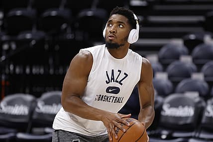 Dec 23, 2021; Salt Lake City, Utah, USA; Utah Jazz guard Donovan Mitchell (45) warms up prior to their game against the Minnesota Timberwolves at Vivint Arena. Mandatory Credit: Jeffrey Swinger-USA TODAY Sports