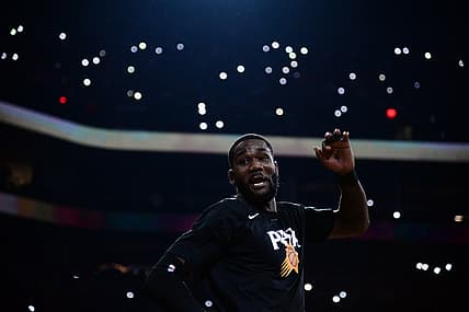 Dec 23, 2021; Phoenix, Arizona, USA; Phoenix Suns center Deandre Ayton (22) is introduced before the game against the Oklahoma City Thunder at Footprint Center. Mandatory Credit: Joe Camporeale-USA TODAY Sports