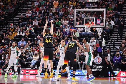 Dec 25, 2021; Salt Lake City, Utah, USA; Utah Jazz forward Bojan Bogdanovic (44) makes a three point basket in the first quarter against the Dallas Mavericks at Vivint Arena. Mandatory Credit: Rob Gray-USA TODAY Sports