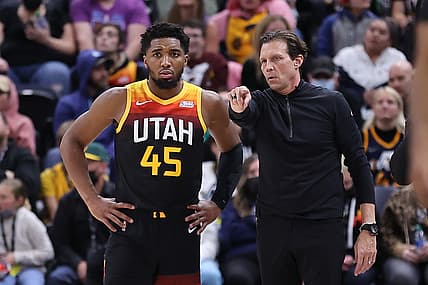 Dec 25, 2021; Salt Lake City, Utah, USA; Utah Jazz guard Donovan Mitchell (45) and head coach Quin Snyder speak during a break in action in the fourth quarter at Vivint Arena. Mandatory Credit: Rob Gray-USA TODAY Sports