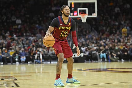 Dec 26, 2021; Cleveland, Ohio, USA; Cleveland Cavaliers forward Darius Garland (10) brings the ball up court in the third quarter against the Toronto Raptors at Rocket Mortgage FieldHouse. Mandatory Credit: David Richard-USA TODAY Sports