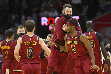 Dec 26, 2021; Cleveland, Ohio, USA; The Cleveland Cavaliers celebrate in the fourth quarter against the Toronto Raptors at Rocket Mortgage FieldHouse. Mandatory Credit: David Richard-USA TODAY Sports