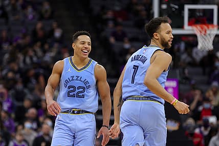 Dec 26, 2021; Sacramento, California, USA; Memphis Grizzlies guard Desmond Bane (22) smiles a play during the third quarter against the Sacramento Kings at Golden 1 Center. Mandatory Credit: Sergio Estrada-USA TODAY Sports