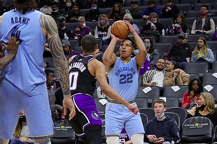 Dec 26, 2021; Sacramento, California, USA; Memphis Grizzlies guard Desmond Bane (22) shoots the ball over Sacramento Kings guard Tyrese Haliburton (0) during the third quarter at Golden 1 Center. Mandatory Credit: Sergio Estrada-USA TODAY Sports