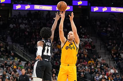 Dec 27, 2021; San Antonio, Texas, USA;Utah Jazz forward Bojan Bogdanovic (44) shoots over San Antonio Spurs guard Joshua Primo (11) in the first half at the AT&T Center. Mandatory Credit: Daniel Dunn-USA TODAY Sports