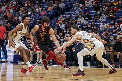 Dec 28, 2021; New Orleans, Louisiana, USA;  New Orleans Pelicans guard Tomas Satoransky (31) knocks the ball away from Cleveland Cavaliers guard Ricky Rubio (3) during the first half  at Smoothie King Center. Mandatory Credit: Stephen Lew-USA TODAY Sports