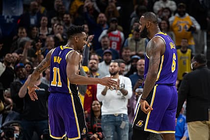 Nov 24, 2021; Indianapolis, Indiana, USA; Los Angeles Lakers forward LeBron James (6) and Los Angeles Lakers guard Malik Monk (11) celebrate a made basket in the second half against the Indiana Pacers at Gainbridge Fieldhouse. Mandatory Credit: Trevor Ruszkowski-USA TODAY Sports