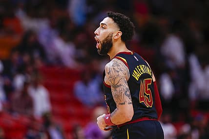 Dec 1, 2021; Miami, Florida, USA; Cleveland Cavaliers guard Denzel Valentine (45) reacts against the Miami Heat during the fourth quarter at FTX Arena. Mandatory Credit: Sam Navarro-USA TODAY Sports