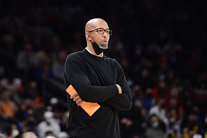 Dec 25, 2021; Phoenix, Arizona, USA; Phoenix Suns head coach Monty Williams looks on against the Golden State Warriors during the first half at Footprint Center. Mandatory Credit: Joe Camporeale-USA TODAY Sports