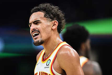 Dec 31, 2021; Cleveland, Ohio, USA; Atlanta Hawks guard Trae Young (11) reacts to a call during the first half against the Cleveland Cavaliers at Rocket Mortgage FieldHouse. Mandatory Credit: Ken Blaze-USA TODAY Sports