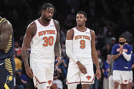Jan 4, 2022; New York, New York, USA;  New York Knicks forward Julius Randle (30) and guard RJ Barrett (9) walk off the court together after defeating the Indiana Pacers 104-94 at Madison Square Garden. Mandatory Credit: Wendell Cruz-USA TODAY Sports